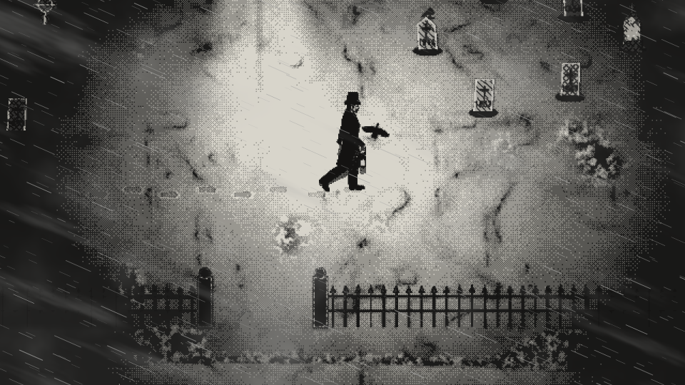 Arthur Voss crosses the churchyard at night, lantern in hand, in a blizzard