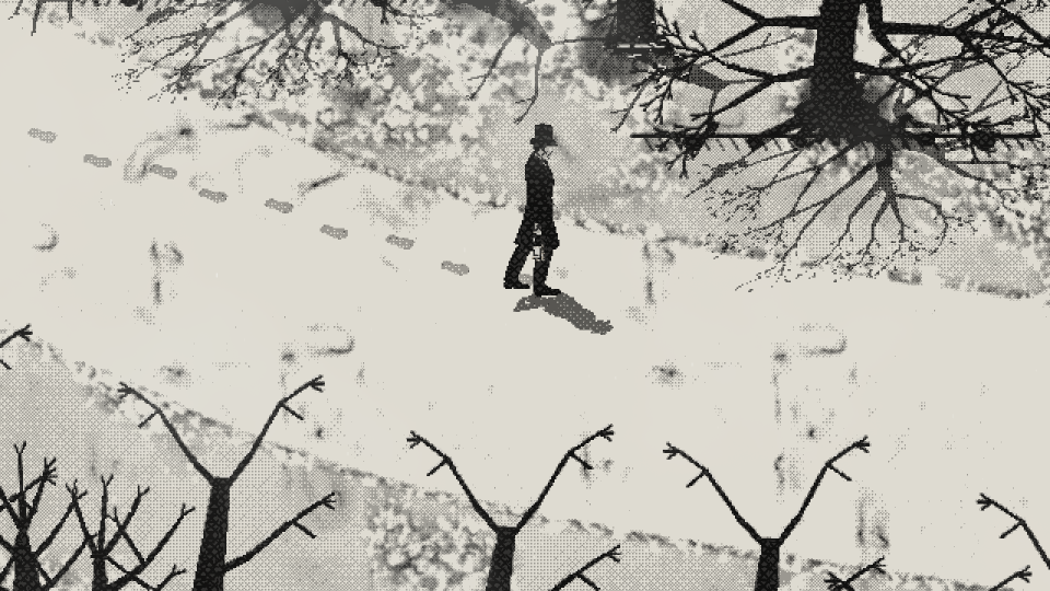 Arthur Voss walks a snowy forest road by day, leaving footprints