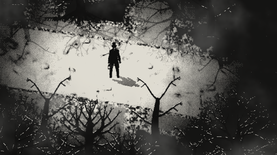 Arthur Voss stands on the forest road at night, his lantern lit