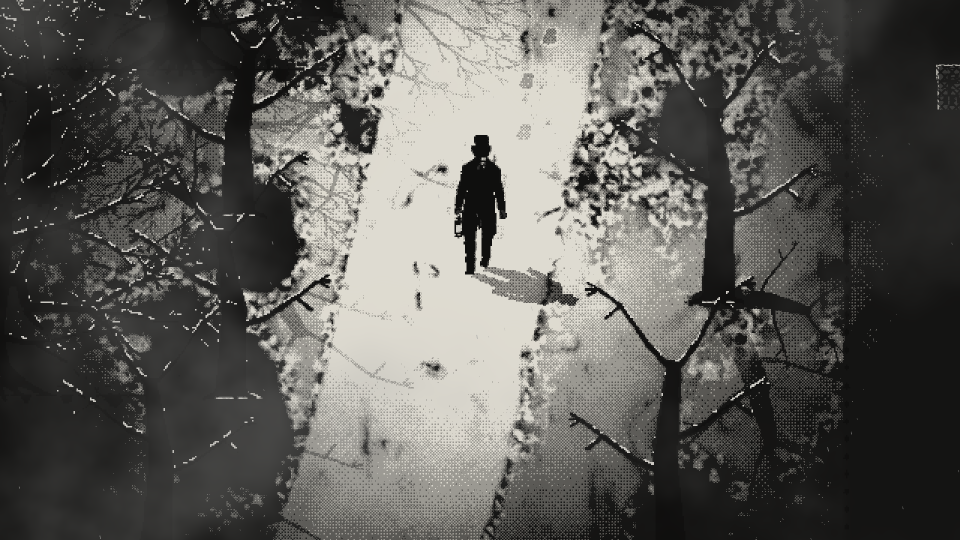 Arthur Voss walks down a narrow road at night, lit by his lantern